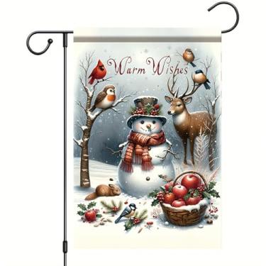 Imagem de Saoplasa Bandeira de jardim de Natal, desejos quentes, boneco de neve, 30,5 x 45,7 cm, faixa de jardim de animal de inverno, dupla face, decoração de Natal ao ar livre com rena, feriado sazonal
