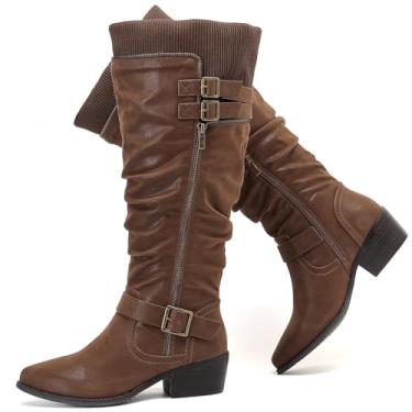Imagem de Luoika Botas femininas extra largas na altura do joelho, larga, plus size, cano alto, salto baixo empilhado, botas de inverno e outono., Marrom 1013, 9.5 X-Wide