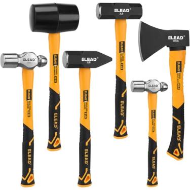 Imagem de ELEAD Conjunto de 6 peças de martelo de martelo, cabo de fibra de vidro, cabeça de aço forjado, martelo de borracha de 946 ml, martelos esféricos de 473 ml, martelos de trenó e cruz de 1,4 kg, machado