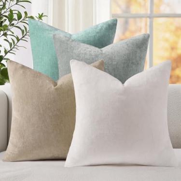 Imagem de decorUhome Conjunto de 4 capas de travesseiro 45,7 x 45,7 cm, capas de almofada decorativas de chenille para sofá cama e decoração de casa (bege/cinza)