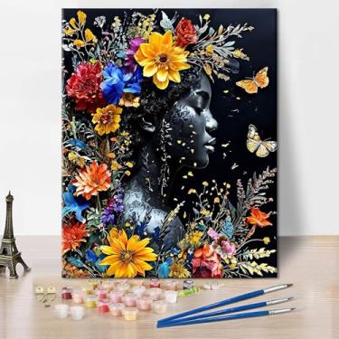 Imagem de Pintura de meninas negras por número para adultos, kit de pintura de flores DIY por números para adultos, pintura acrílica feminina negra em tela para presente para decoração de parede de casa 40,6 cm