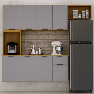 Imagem de Cozinha Compacta Suspensa 8 Portas 1 Gaveta Nicho e Prateleiras Zarah Cinamomo/ Cinza Acetinado