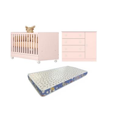 Imagem de Conjunto Ideal para Bebê Berço Americano Cômoda Doce Sonho + Colchão Ortobom - Qmovi Rosa Acetinado