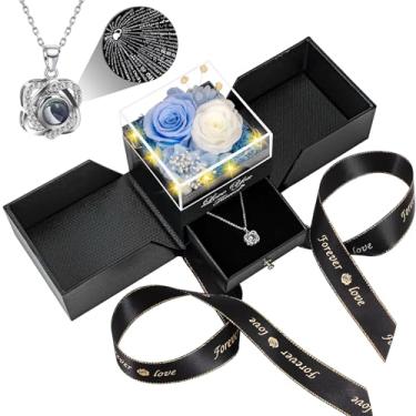 Imagem de Colar com 2 rosas reais preservadas com coração I Love You - Presentes de aniversário rosa eterna para mulheres, esposa, namorada, mãe dela, presentes em festivais, Natal, Dia dos Namorados, Dia das
