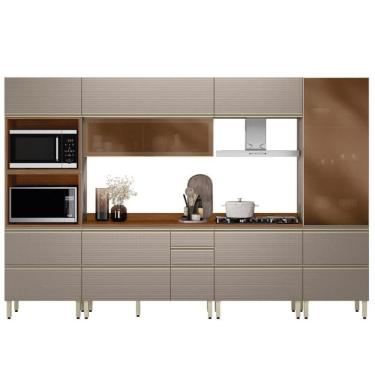 Imagem de Cozinha Modulada Proença 6 Peças Com Cristaleira E Balcão 80cm Nogueira Touch/Nude Prime Tx - Demartêz