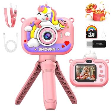 Imagem de Máquina Fotográfica Infantil Selfie Câmera Digital, Presentes Brinquedo Menina de 3 a 12 anos, 96 MP, Pantalla 2" IPS 1080P HD, 600mAh com Jogos Divertidos Portátil, 64 G SD (Unicórnio Rosa)