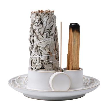 Imagem de GRAMSTORMAX Suporte de incenso 4 em 1, bastão de incenso de cerâmica e suporte Palo Santo, suporte de sálvia para queimar - bandeja coletora de cinzas de cerâmica de 14 cm para sala de meditação e