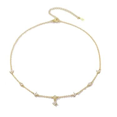 Imagem de BG&WLing Colar feminino de trevo de quatro folhas, banhado a ouro 18K, com pingente floral, joia delicada, presente com caixa, Small, Zircônia cúbica Zircônia cúbica Matal, Zircônia cúbica