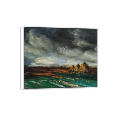 Imagem de Pôster e impressões de arte famosa da paisagem - Imagem de decoração de parede em tela - Palheiros sob o céu tempestuoso - Pintura com moldura branca para casa 90 x 108 cm 35 x 42 pol