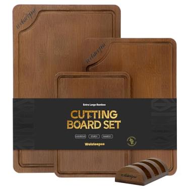 Imagem de Tábua de corte de bambu extragrande para cozinha (conjunto de 3), com sulcos profundos de suco e alças embutidas, presentes de cozinha para carne, legumes e frutas, tábuas de corte de madeira duráveis