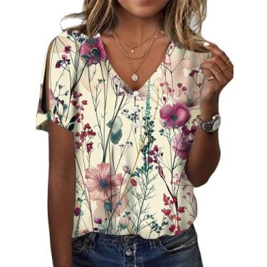 Imagem de Blusas HOTYD Boho com estampa floral e decote em V, ombros frios, femi