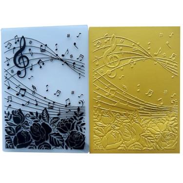 Imagem de DIYology Pastas de gravação de notas musicais para fazer cartões, textura de rosas, modelo de gravação em relevo para artesanato em papel, decoração de álbuns
