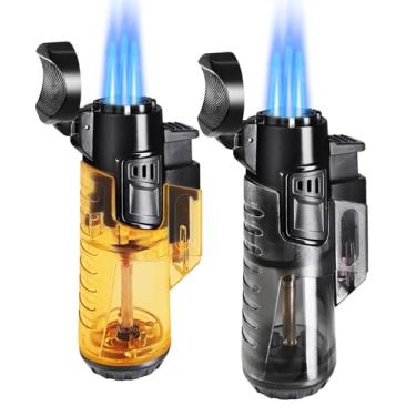 Imagem de Urgrette Isqueiro de maçarico, pacote com 2, butano, recarregável, triplo acendedor de chama ajustável a gás butano, isqueiro de bolso para acampamento, churrasqueira, lareira e acampamento (sem