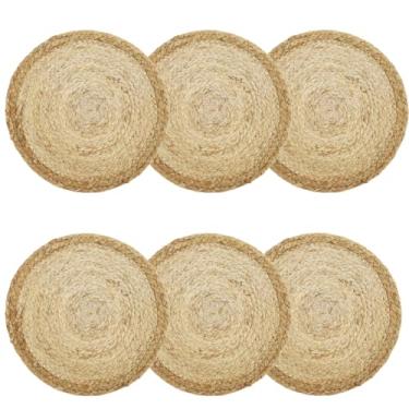 Imagem de XYDHQS 6 peças de jogo americano de tecido redondo, jogo americano redondo de palha, jogo americano feito à mão de longa duração, tapete de prato isolado, jogo americano redondo para mesa de jantar em