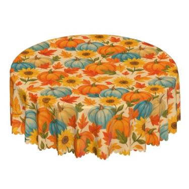 Imagem de NeuKim Toalha de mesa de outono laranja azul abóbora folha de girassol toalha de mesa redonda 152 cm capa de toalha de mesa de ação de graças tapete à prova de derramamento para cozinha, festa, jantar