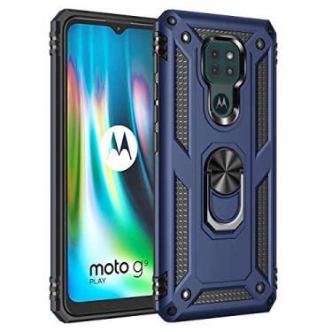 Imagem de SORAKA Capa para Motorola Moto E7 Plus com suporte de anel capa armadura Motorola Moto G9 Play capa traseira de policarbonato rígido com placa de metal para celular magnético suporte de carro azul