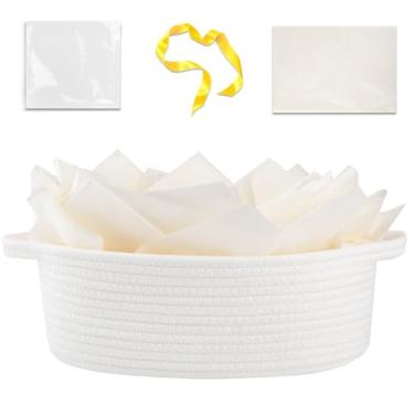 Imagem de OIAHOMY Cesta de presente vazia com alça, cesta pequena de tecido de 30,5 x 20,3 x 12,7 cm com saco de presente, fita e papel de embrulho, armazenamento de brinquedos para cães para organizar - branca