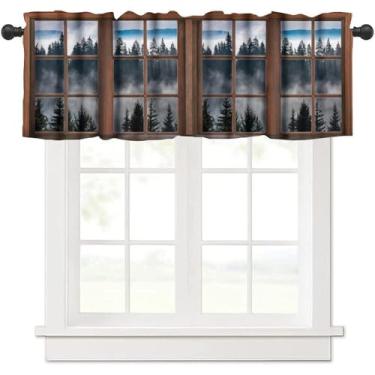 Imagem de Cortinas de sanefa de paisagem de floresta enevoada, cenário de janela de madeira, paisagem de montanha, cortina de janela para casa de fazenda, sala de estar, quarto, cozinha, 137 x 46 cm