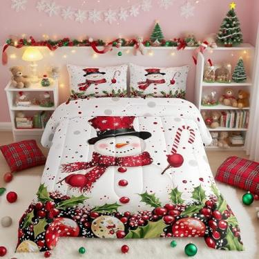 Imagem de Manfei Jogo de cama solteiro fofo com boneco de neve e folhas de bengala doce, kawaii, Natal, inverno, para meninos e adolescentes, branco, vermelho e verde, 1 fronha