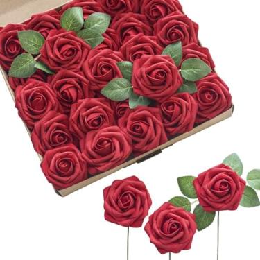 Imagem de Flores artificiais rosas com caules para casamento, buquê de árvore de Natal, chá de bebê, centro de mesa, arranjo floral, decoração de casa, decoração de dia das mães (vermelho, 50)