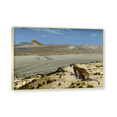 Imagem de NHLDZYH Moldura de champanhe. Famosas pinturas a óleo, (Tiger on the Watch) de Jean Leon Gerome, reprodução impressa em tela, arte de cenário para decoração de sala de estar. 50 x 70 cm - 19,6 x 27,5