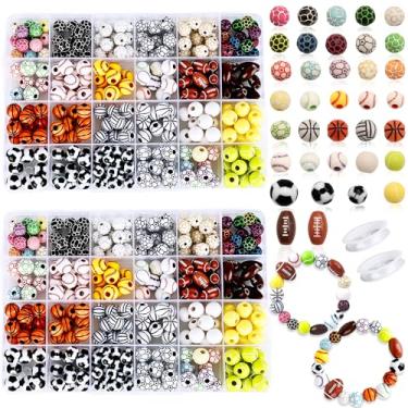 Imagem de 800 peças de contas esportivas bola esportiva kit beisebol basquete futebol vôlei futebol com cordão elástico para chaveiros faça você mesmo, 2 caixas