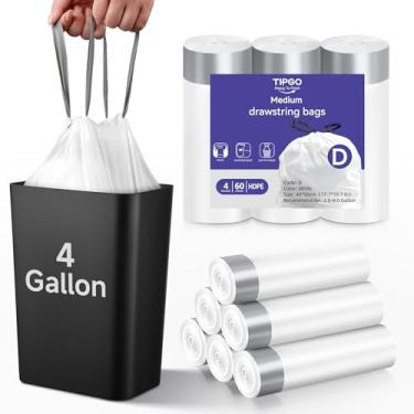 Imagem de TIPGO Sacos de lixo de 4 galões com cordão, forros de lixeira fortes pré-cortados, sacos de lixo brancos para casa, escritório, banheiro (código D, 60 unidades)