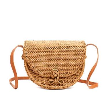 Imagem de Novum Crafts Bolsa de vime redonda para mulheres - Bolsa de tecido de vime Ata feita à mão - Círculo, quadrado, oval marrom palha Boho Bags, Laço marrom, 6 3/16” x 7 7/8" (16 cm x 20 cm)