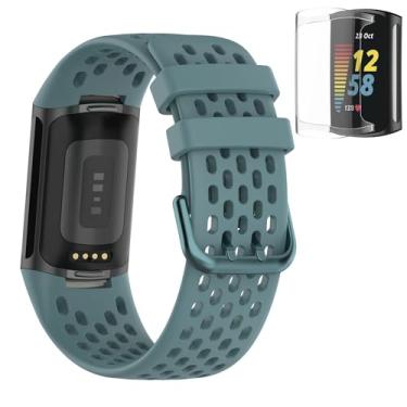 Imagem de Pulseiras compatíveis com Fitbit Charge 5, design de furos de ar, pulseira esportiva de silicone para Fitbit Charge 6/Charge 5 com capa protetora de tela transparente de TPU (azul)