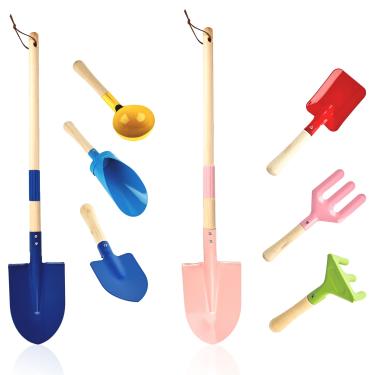 Imagem de 8 peças de ferramentas de areia de praia para crianças, colher de praia, espátula, ancinho, garfos, pá plana e pontiaguda, baldes de escavação de areia com cabo de madeira resistente para uso em