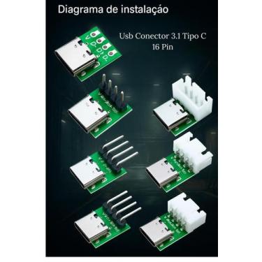 Imagem de Adaptador Conector USB Tipo C Verde 16 Pinos PCB Placa Conversora Para