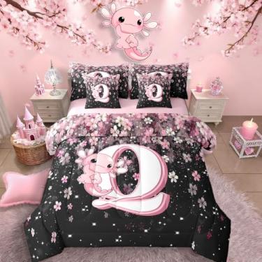Imagem de Erosebridal Jogo de cama queen com letra Q fofo com letra Q | Jogo de edredom fofo com axolote kawaii, para crianças, meninas, adolescentes, rosa e branco, conjunto de colcha kawaii com estampa de
