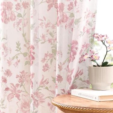 Imagem de Cortinas transparentes florais rosa 213 cm de comprimento, 2 painéis para quarto de meninas, bolso de varão, filtro de luz, flores românticas francesas, cortinas transparentes para quarto de bebê