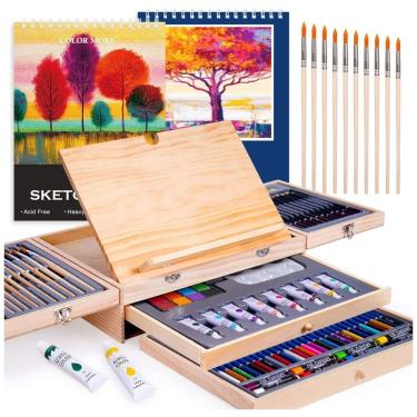 Imagem de Kit Lápis de Cor Profissional Color More com Maleta de Madeira 85 peças Tintas Acrílicas, Aquarela, Marrom