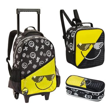Imagem de Kit Mochila De Rodinhas + Lancheira + Estojo Duplo Emoji Denlex