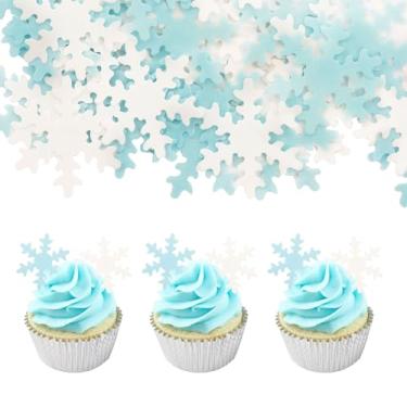 Imagem de 50 peças branco e azul comestível floco de neve cupcake toppers flocos de neve enfeites de bolo para Natal inverno férias tema congelado chá de bebê aniversário festa de casamento suprimentos