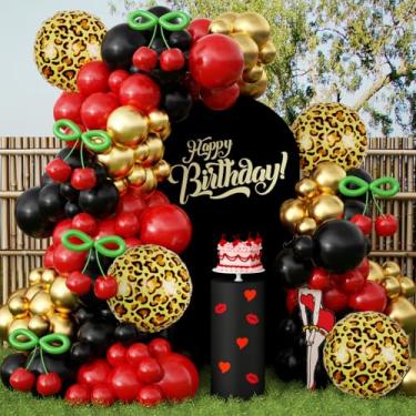 Imagem de JOGAMS 182 peças de decorações de festa Betty, decorações de festa com estampa de guepardo de leopardo, kit de arco de balão de cereja vermelho e preto com balões dourados de chita para despedida de