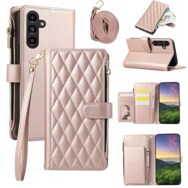 Imagem de Capa carteira para Samsung Galaxy A55 5G, capa de couro com 6 compartimentos para cartão e 1 compartimento para dinheiro e 1 bolsa com zíper, fivela magnética à prova de choque com alça de mão e