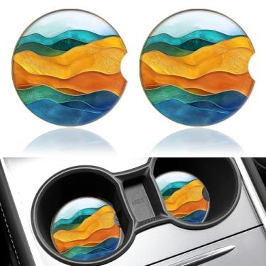 Imagem de Pacote com 2 porta-copos de carro, suporte de copo de cerâmica simples de 6,5 cm, porta-copos absorvente universal automático, antiderrapante, com base e entalhe de dedo, conjuntos de acessórios