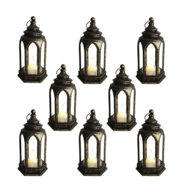 Imagem de 8 peças pequenas lanternas de vela decorativa lanterna de luz de chá, decoração Ramadan Eid, mesa central de mesa para casamento, Halloween, Natal (Bronze)