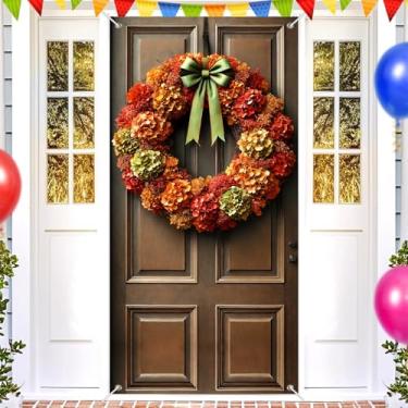 Imagem de BlissYard Capa de porta de outono, 188 x 89 cm, decoração de guirlanda de outono com flores de hortênsia e fita verde, faixa de porta de varanda de ação de graças, casa de fazenda, porta da frente