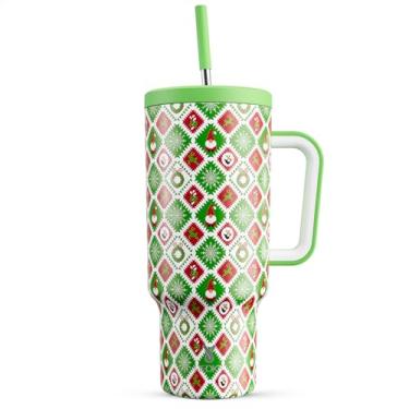 Imagem de Meoky Copo de Natal de 1,134 g com alça e palha, copo de Natal com tampa e canudo, caneca de viagem de aço inoxidável isolada, presentes de Natal para mulheres, homens e adultos (Snowy Santa)