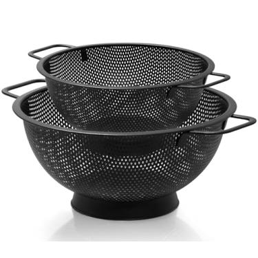 Imagem de 2 peças de escorredor preto para cozinha, 3 QT e 5 QT, coador de massa de aço inoxidável com alça, coador de macarrão para frutas, legumes, cozinhar alimentos, lavável na lava-louças