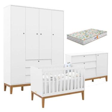 Imagem de Quarto De Bebe Unique 4 Portas Com Cômoda Sapateira Branco Soft Eco Wood E Colchão Gazin - Matic