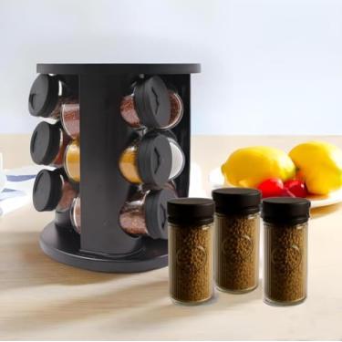Imagem de Porta Temperos e Condimentos Organizador com Suporte Giratório - Kit com 9 Potes de Vidro de 85ml – Preto
