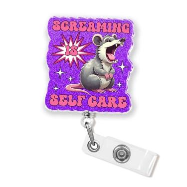 Imagem de Carretel de crachá Screaming Self Care de 4,6 cm para saúde mental, engraçado, gambá, enfermeira sarcástica, CNA, enfermeira de enfermagem, farmácia, pediátrica, crachá, retrátil com clipe jacaré