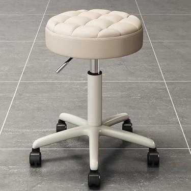Imagem de BSNANCA Banqueta giratória de couro PU com encosto para barbearia e cozinha, banqueta de baixa altura para salão de beleza e manicure (bege)