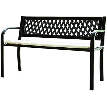 Imagem de HHHJQFAAT Banco Park Terrace Banco externo com almofadas à prova de intempéries banco de jardim de ferro fundido 2 lugares banco de pátio com encosto