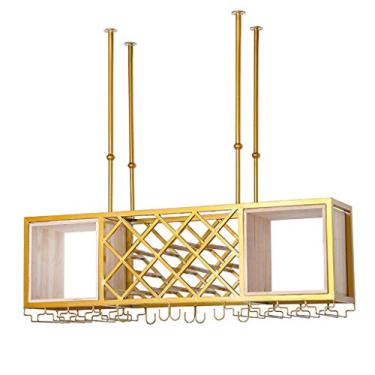 Imagem de Prateleiras de vinho para armário de altura ajustável para pendurar no teto, grade de ferro forjado, suporte de garrafa de vinho de metal e madeira, suporte de vidro para bar, cozinha, clube