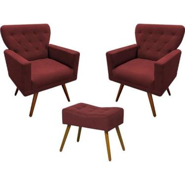 Imagem de Kit 2 Poltronas Decorativa Aurora + 1 Puff Retangular Suede Marsala Pé